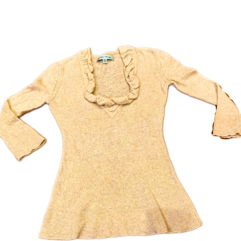 Beth Bowley super soft knit sweater with ruffled neckline and 3/4 length sleeves